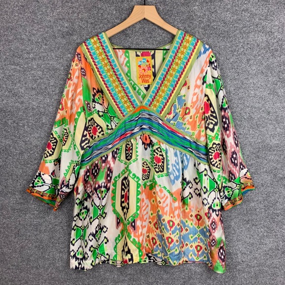 Johnny Was Tops - Johnny Was XL Silk Boho Bohemian Embroidered V Neck‎ Tunic Top Blouse
